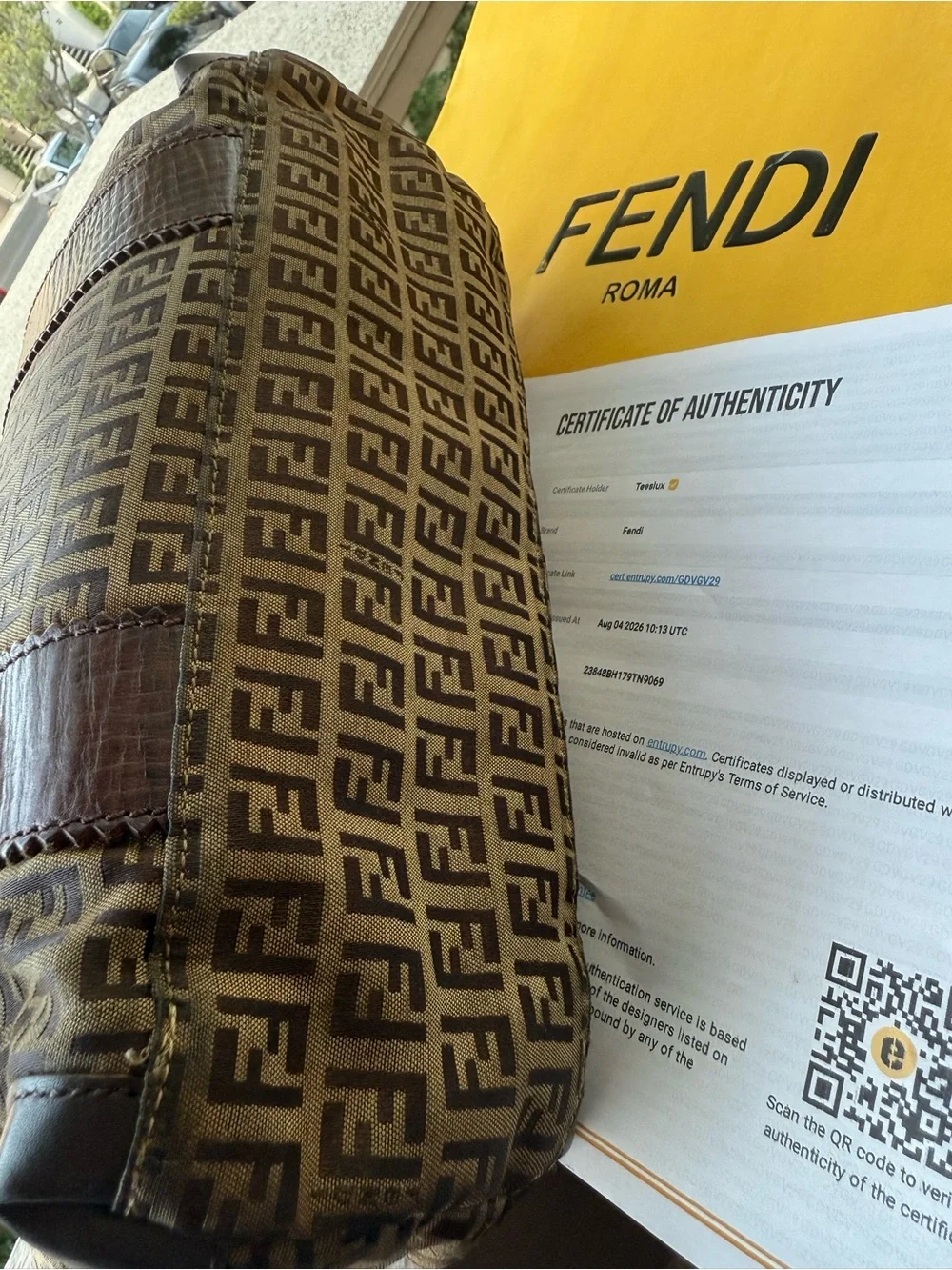 Fendi Brown Zucca Logo Canvas Shoulder Tote with Dark Brown Leather Trim